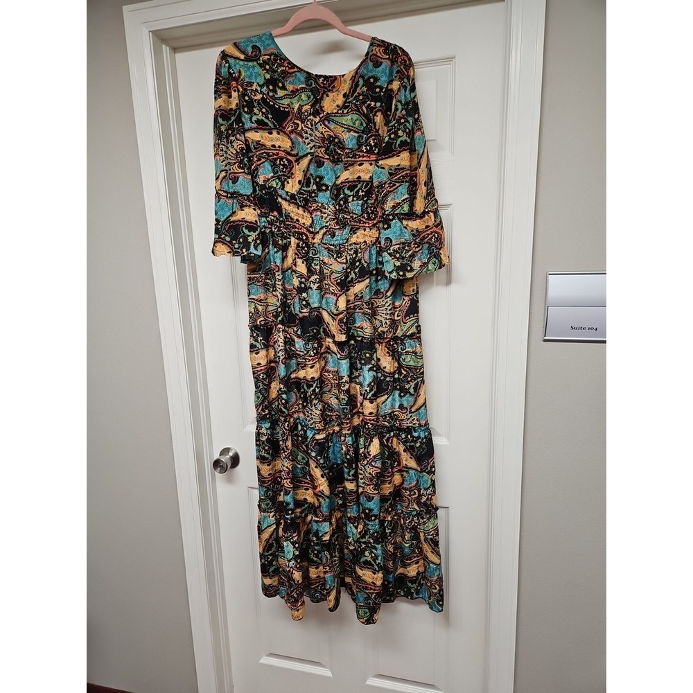 NWT ME 2 MAGIC Tiered Bohemian Maxi Dress Multicolor Grn Blue Blk Floral Paisley - Picture 2 of 6